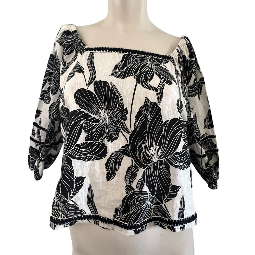 Tahari Linen Black White Floral Square Neck Blouse Size Small Top‎ Boho Resort